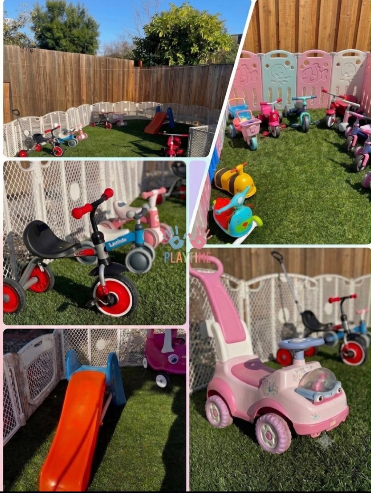 Outdoor play yard with toddler bikes, a small slide, ride-on toys, and soft turf