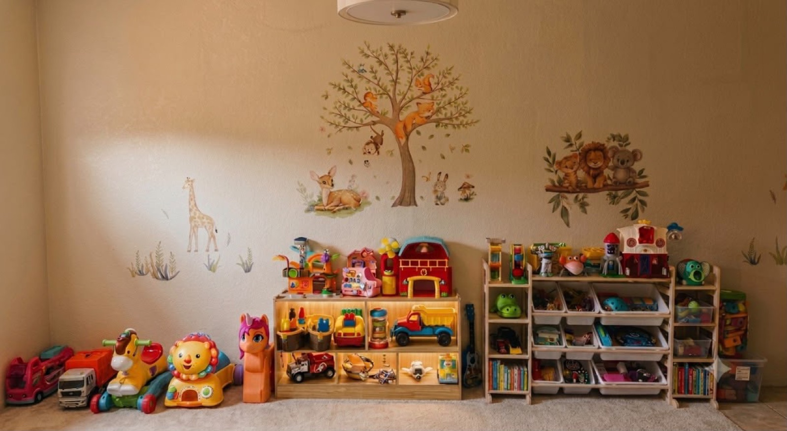 Organized childcare toy shelves with ride-on toys and wall decals